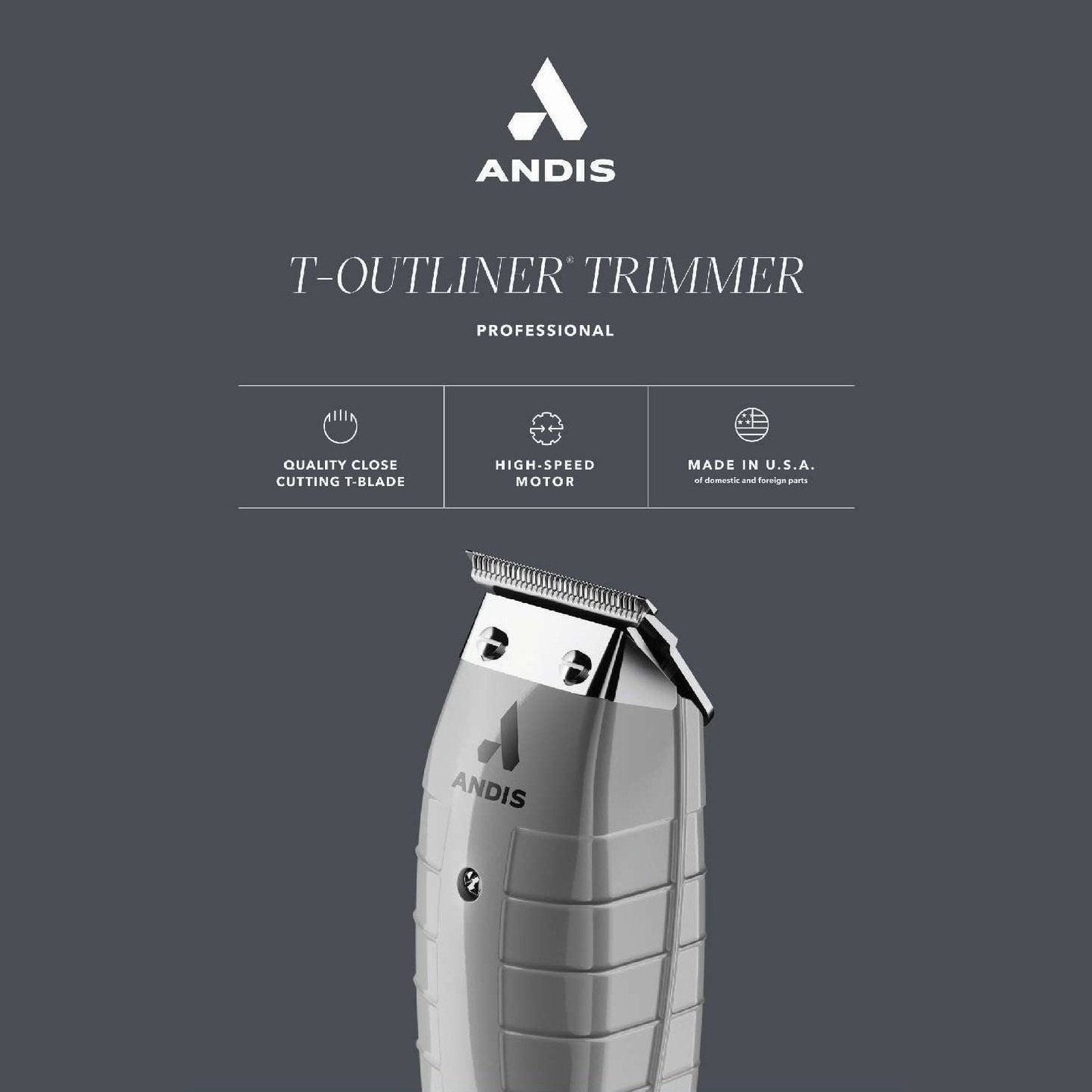 Andis T-Outliner Trimmer on a gray background with Andis logo above.