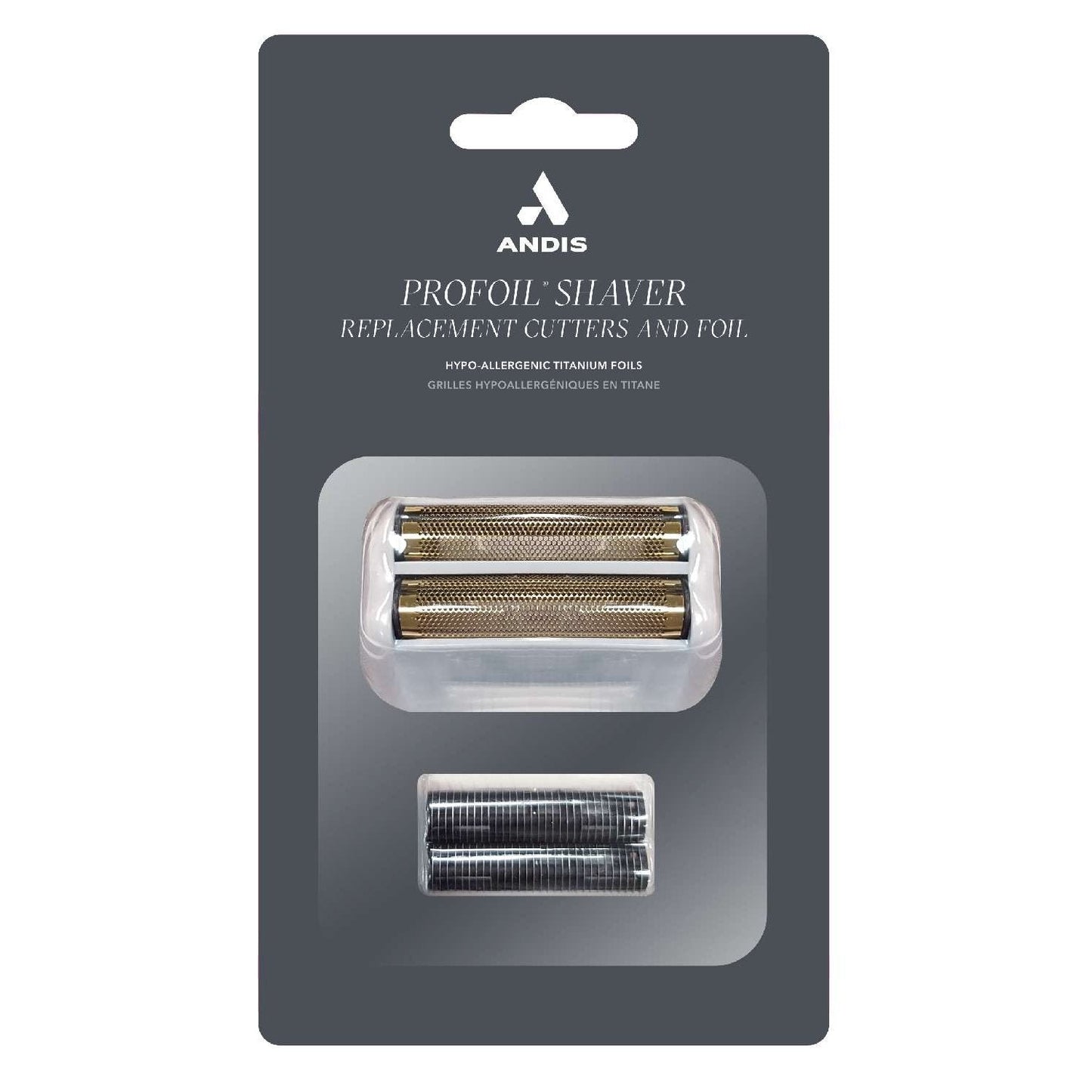 Andis replacement cutters and foil for a Profoil Shaver on a gray packaging background