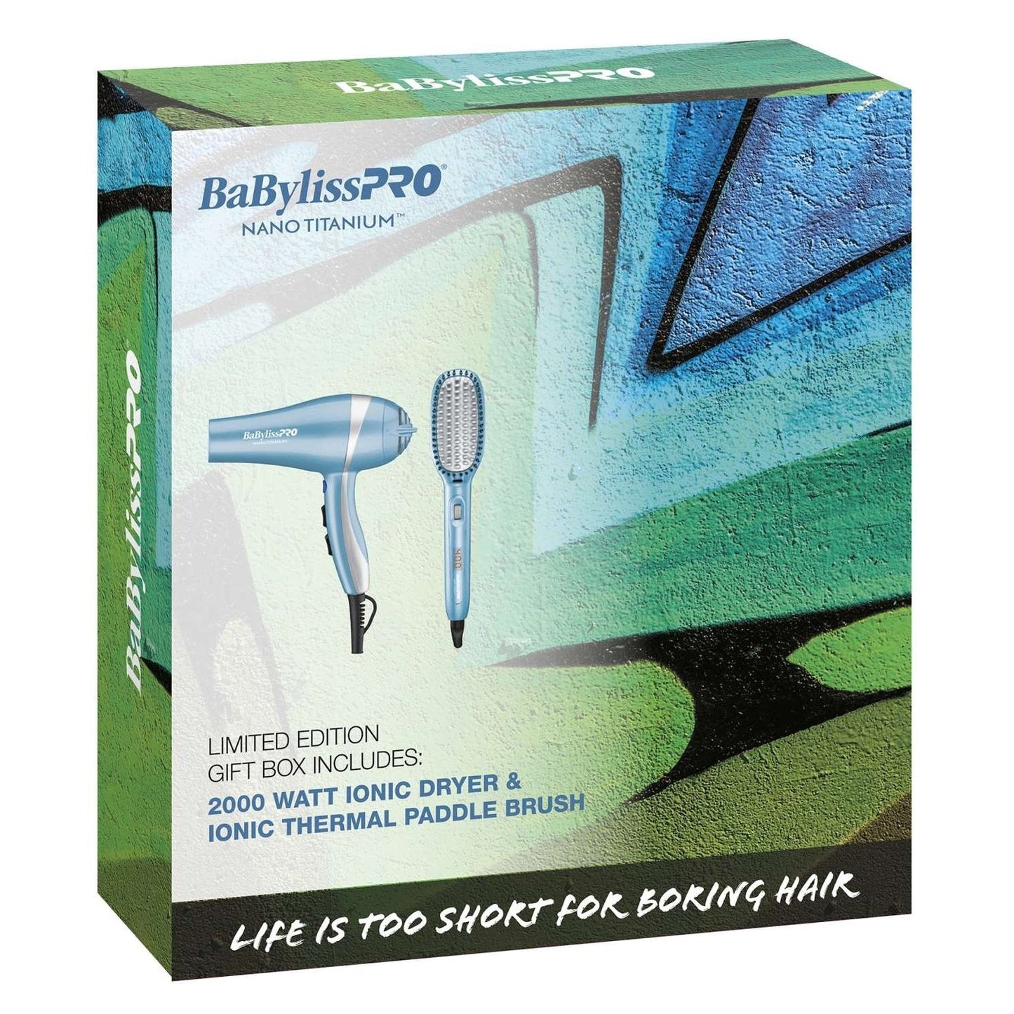 BaBylissPRO hair dryer and brush set packaging on a white background