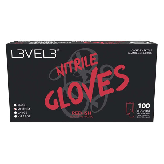 Box of Level 3 Nitrile Gloves with red text on a black background