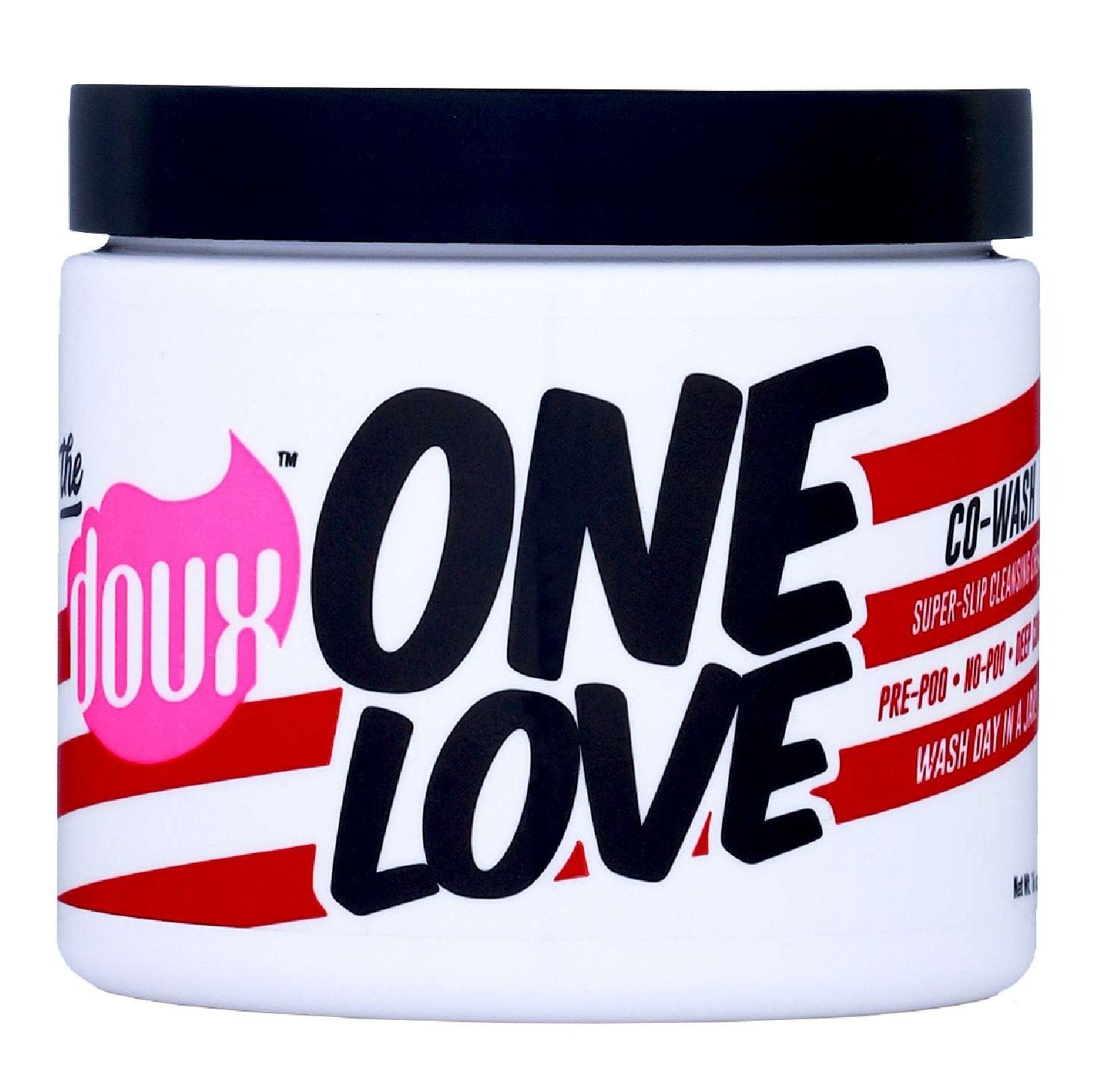 Jar of Doux One Love hair product with black lid and white body.