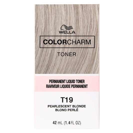 Wella Color Charm Toner packaging with a sample of blonde hair color on a white background
