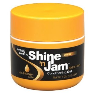 Jar of Shine 'n Jam Conditioning Gel with yellow lid and black label.