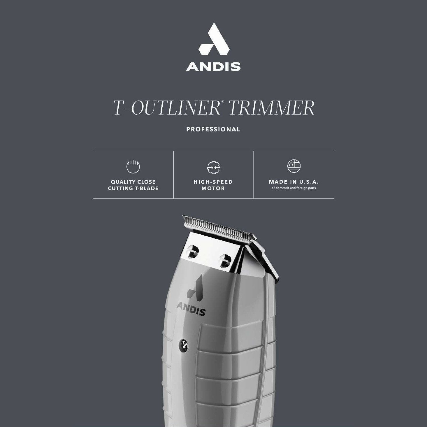 Andis T-Outliner Trimmer on a gray background with Andis logo above.