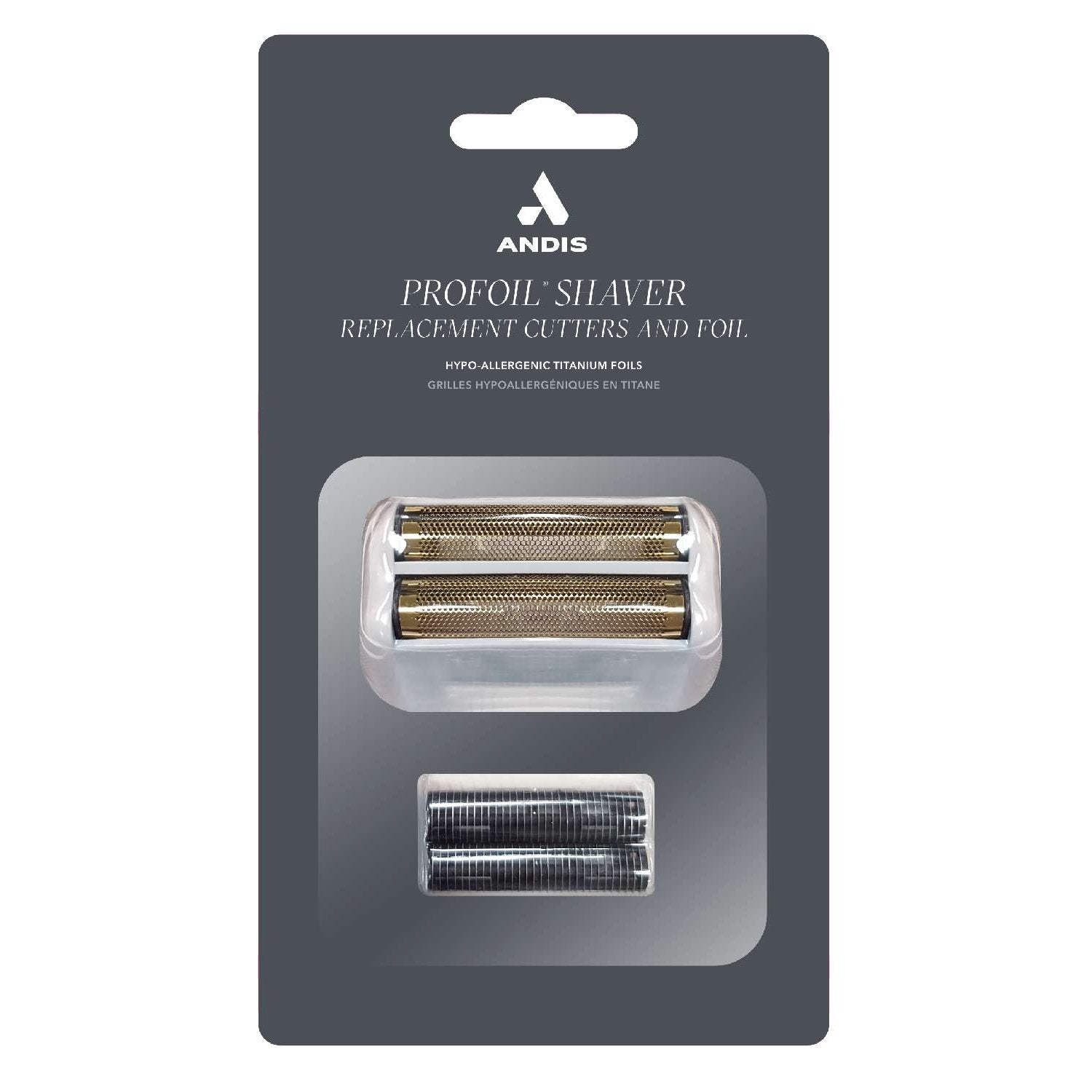 Andis replacement cutters and foil for a Profoil Shaver on a gray packaging background