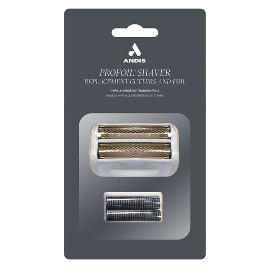 Andis replacement cutters and foil for a Profoil Shaver on a gray packaging background
