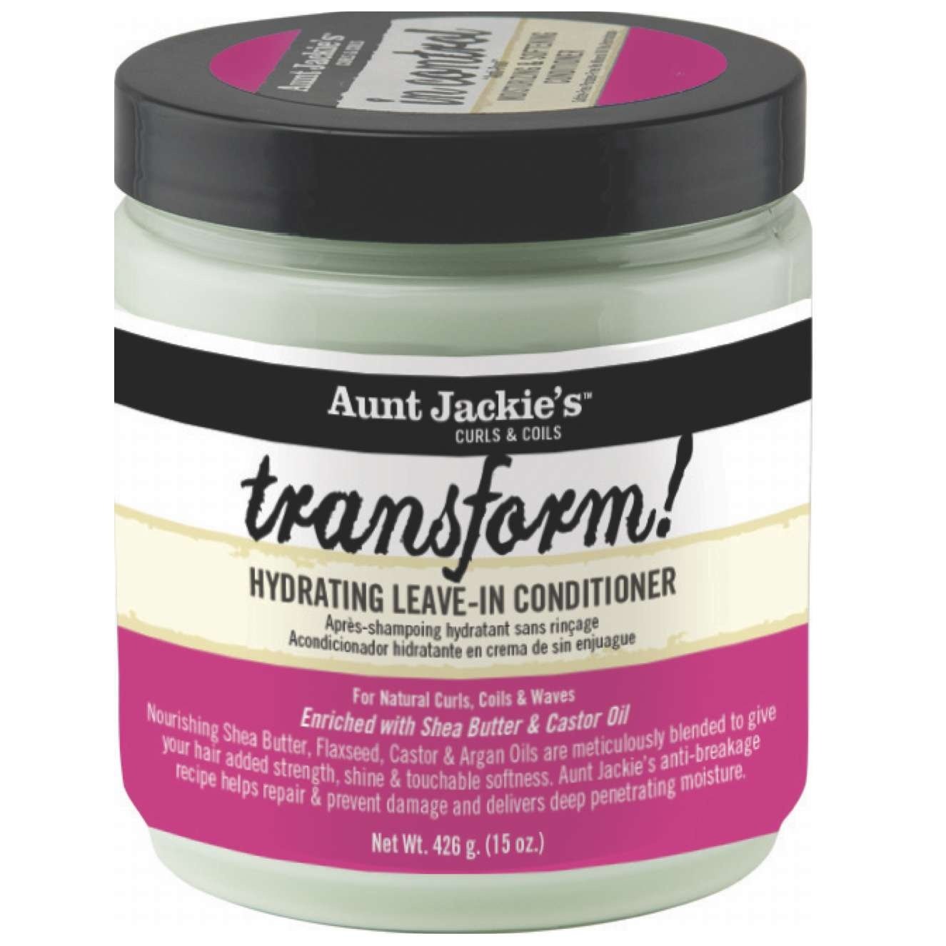 Jar of Aunt Jackie's Curls & Coils Transform! Hydrating Leave-In Conditioner on a white background